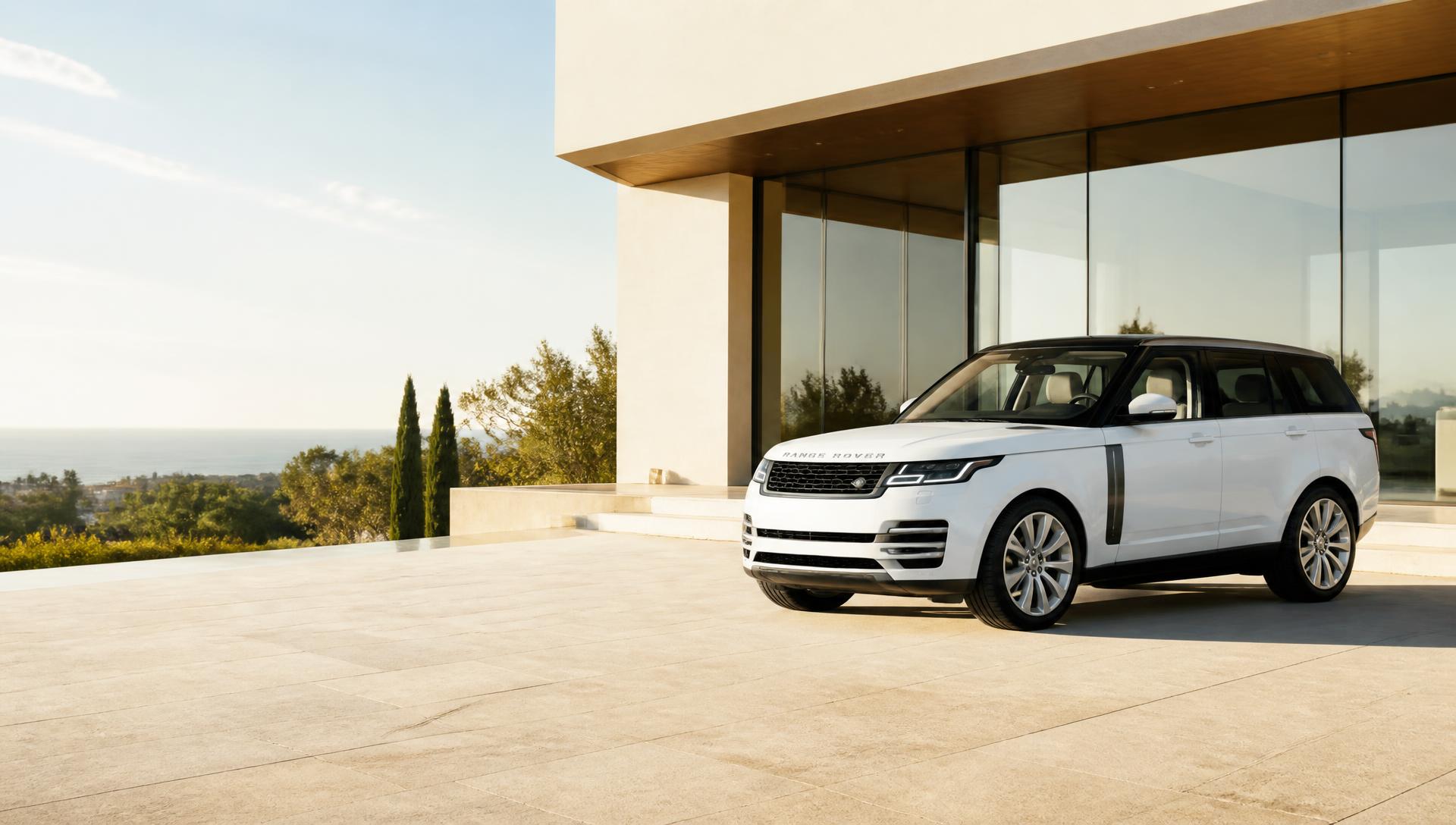 White luxury SUV parked outside modern minimalist architecture in warm golden daylight