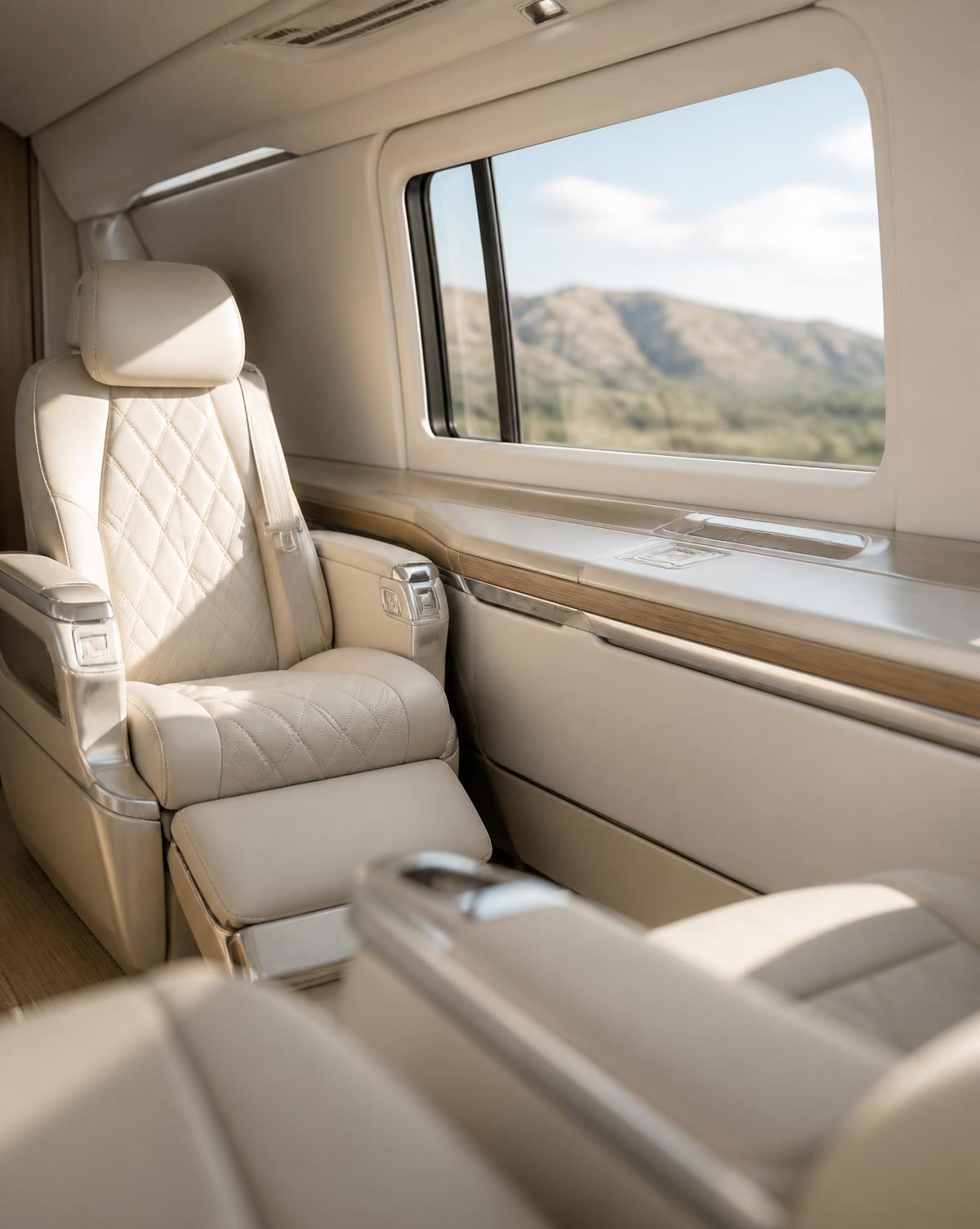 Ivory quilted leather rear cabin of a luxury vehicle in soft daylight